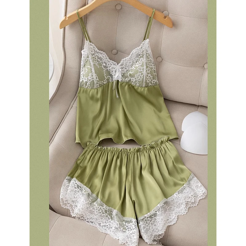 Ling Summer Girl's Lace Suspender Shorts  V-Neck Ice Silk 2 Pcs Homewear Olive Green Little freshness Pajamas for Women Home Set