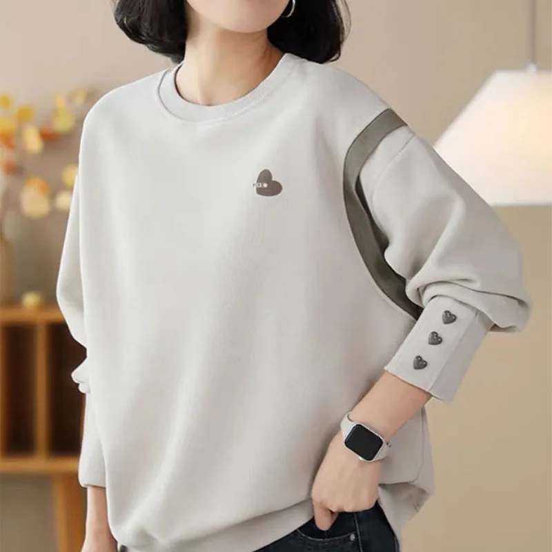 New Autumn Fashion Korean Edition Round Neck Print Fake Two Pieces Loose Versatile Slim Style Long Sleeve Casual Women's Sweater