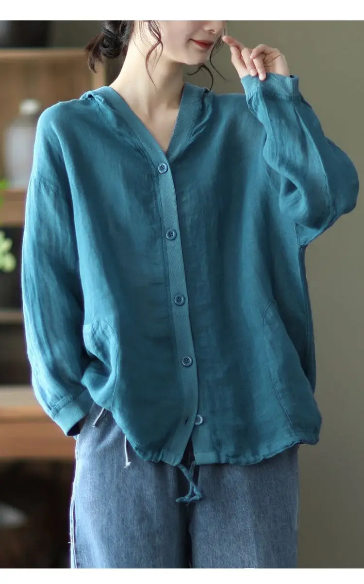 Jacket Spring and Summer Women's Clothing Cotton and Linen Hooded Coat Sun Shirt Linen Cardigan Thin Retro Korean Autumn Cloths