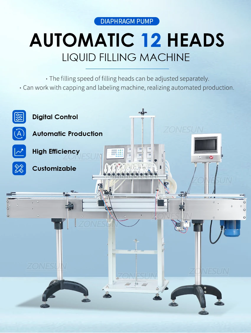 ZONESUN ZS-VTDP12P 12 Boquillas Bomba de diafragma Máquina de llenado de líquidos con transportador