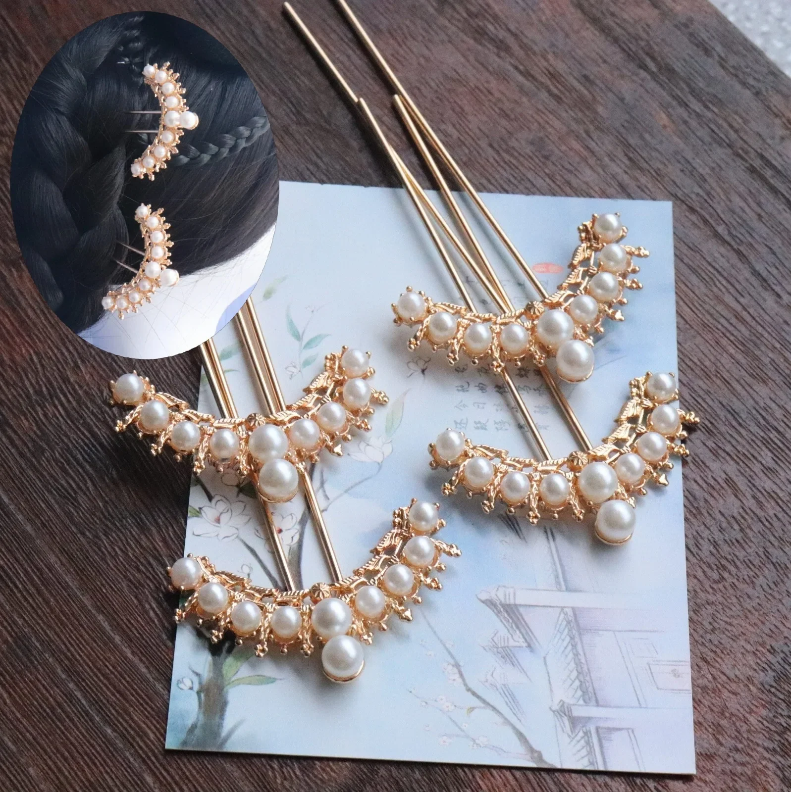 

WATER Hanfu Hair Pin Accessories Antique Hairpins Women's Chinese Imitation Pearl Row Headdress Ancient Female Daily Simple