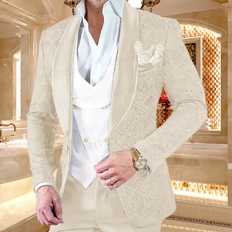Mens suits Formal Sky Blue Jacquard Men Business Suit 3 Pieces Slim Fit Groom Wedding Dress Evening Dress Tuxedo Jacket Vest Pants