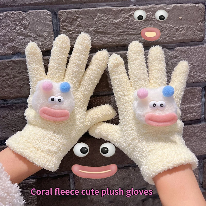 1Pair Cartoon Star Eye Five Finger Gloves For Women Girls Autumn Winter Warm Gloves Cute Fashion Student Birthday Gifts