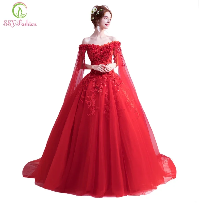 

SSYFashion New The Bride Married Banquet Red Evening Dress Boat Neck with Cape Luxury Lace Flower Long Prom Party Formal Gown