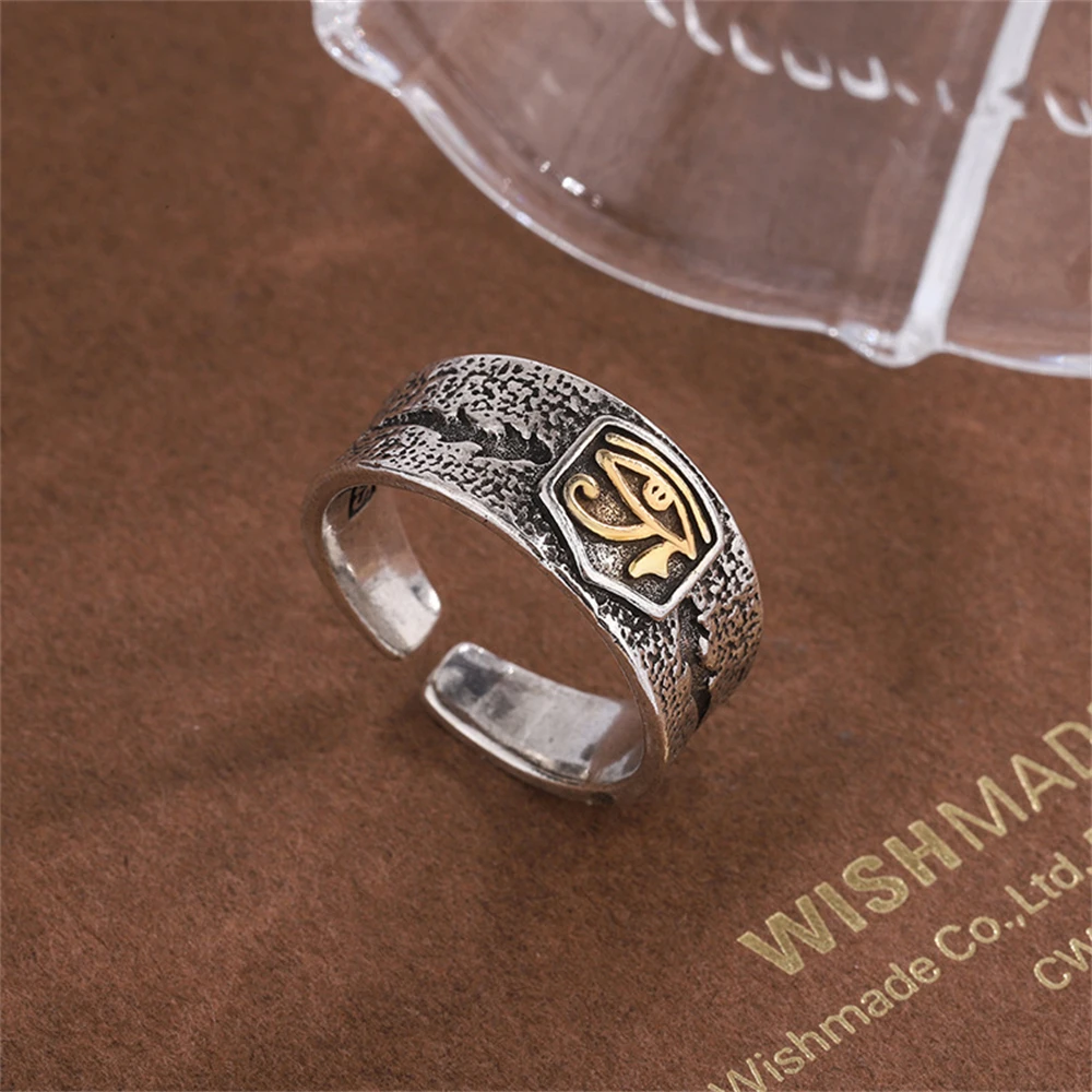 Vintage Ancient Egypt Mythology Eye of Horus Rings Men Thai Silver Adjustable Opening Finger Ring Punk