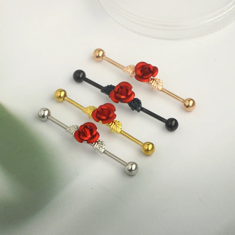 Wholesales 14g Industrial earrings barbell stainless steel rose flower black long 38mm conch helix industrial piercing bar body