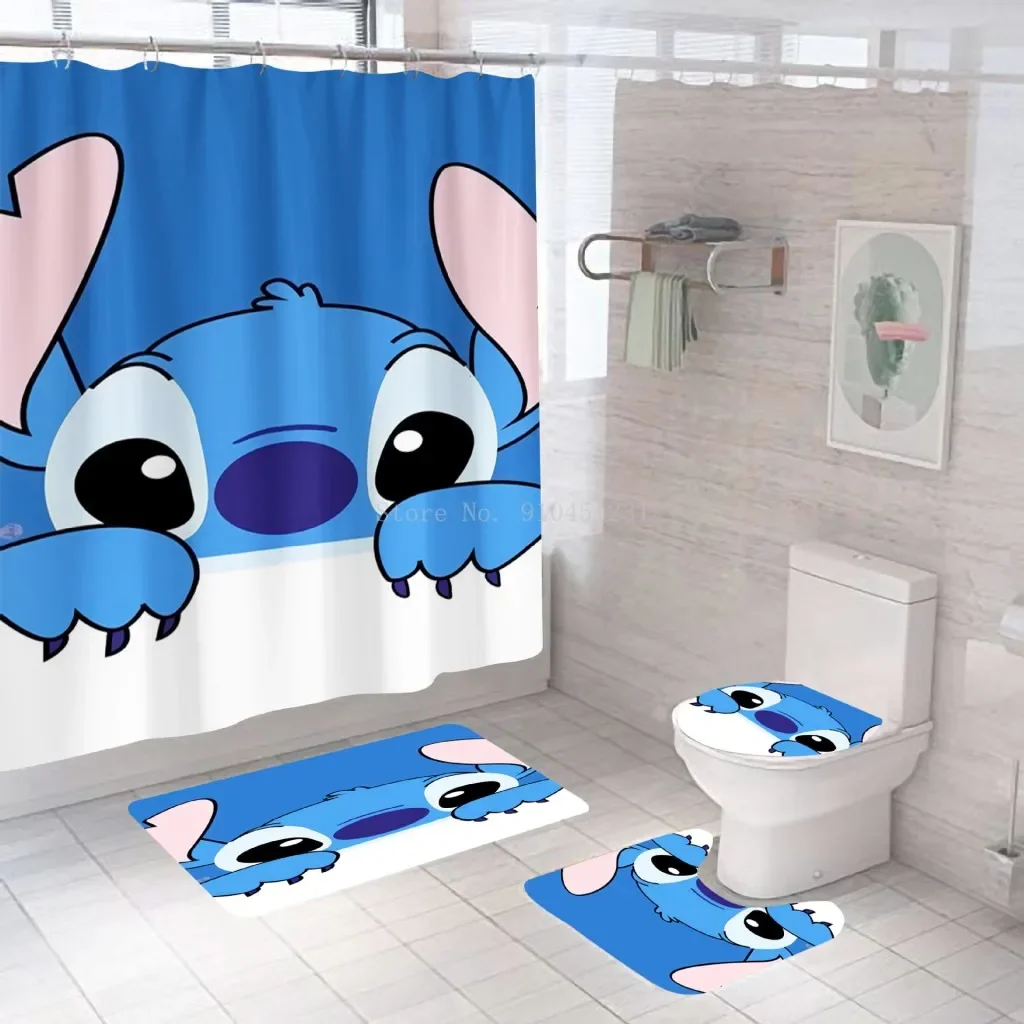 Hot Disney 3D Lilo & Stitch Waterproof Bathroom Shower Curtain in the Bathroom with Hook Set Soft Bath Mat Toilet Carpet Rugs