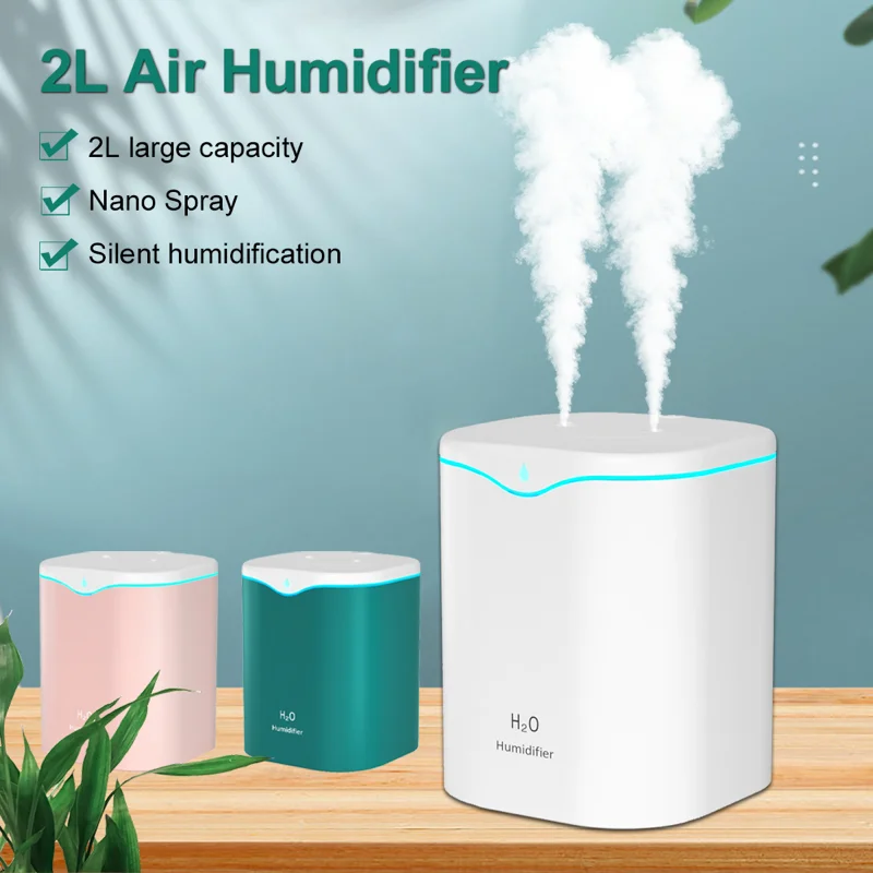 

2L Air Humidifier Large Water Tank Double Spray Nozzle USB Essential Oil Diffuser Ultrasonic Aroma Diffuser Colorful Night Light