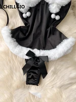 CHILLGIO Women Sexy Christmas One Piece Bodysuits Satin Tight Onesie Hot Bunny Catsuits Fashion Fur Combination Strappy Rompers - Image 5