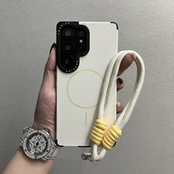 Pure Color Magnetic Suction Liquid Lanyard Case with Fine Ring Design - Samsung S26Ultra (White GS)