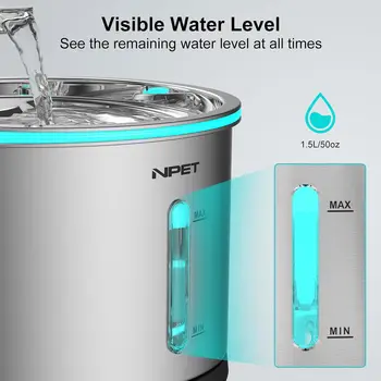 NPET Cat Water Fountain Stainless Steel, 50oz/1.5L Dishwasher Safe Pet Water Fountain with Visible Window Light for Cats 4