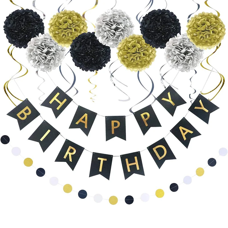 Decorazioni Per Feste Di Compleanno In Oro Nero Banner Di Buon Compleanno Swirls Di Carta A Pois Ghirlande Capodanno Forniture Di Buon Compleanno