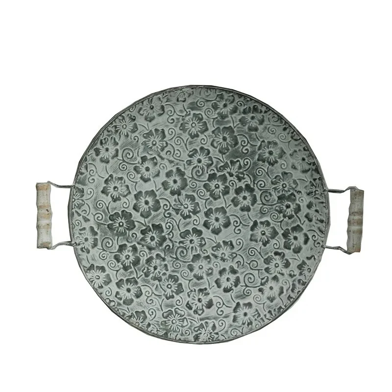 Handcrafted Round Flat Metal Plate Retro Dessert Cake Bread Plate Decorative Antique Serving Tray With Wood Handles Restaurant 6