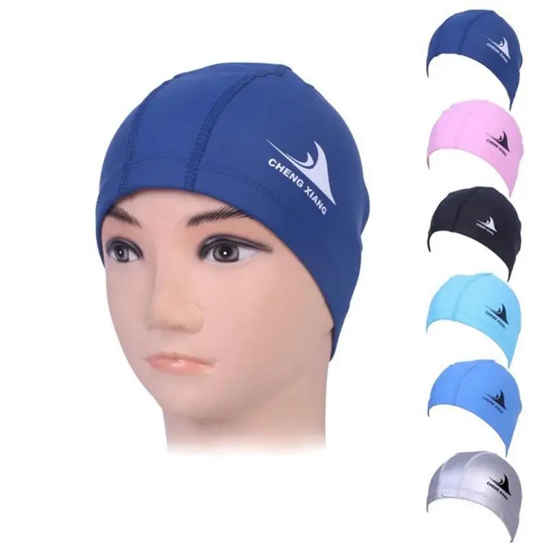 

Unisex Elastic Waterproof PU Swimming Cap Protects Ears Hair Nylon Swimming Cap Solid Color Free Size Swimming Equipment