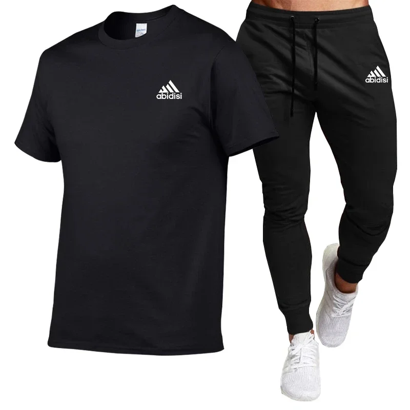 2024 Summer fashion comfort men's suit Cotton T-shirt short-sleeved top + black slacks 2-piece casual sportswear