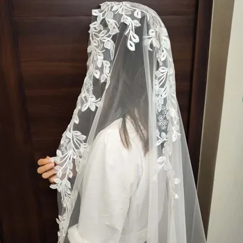 실제 사진 Mantilla 웨딩 베일, 숨겨진 빗 레이스, 신부 베일 헤드 베일, 웨딩 액세서리, 상단 3 미터 길이