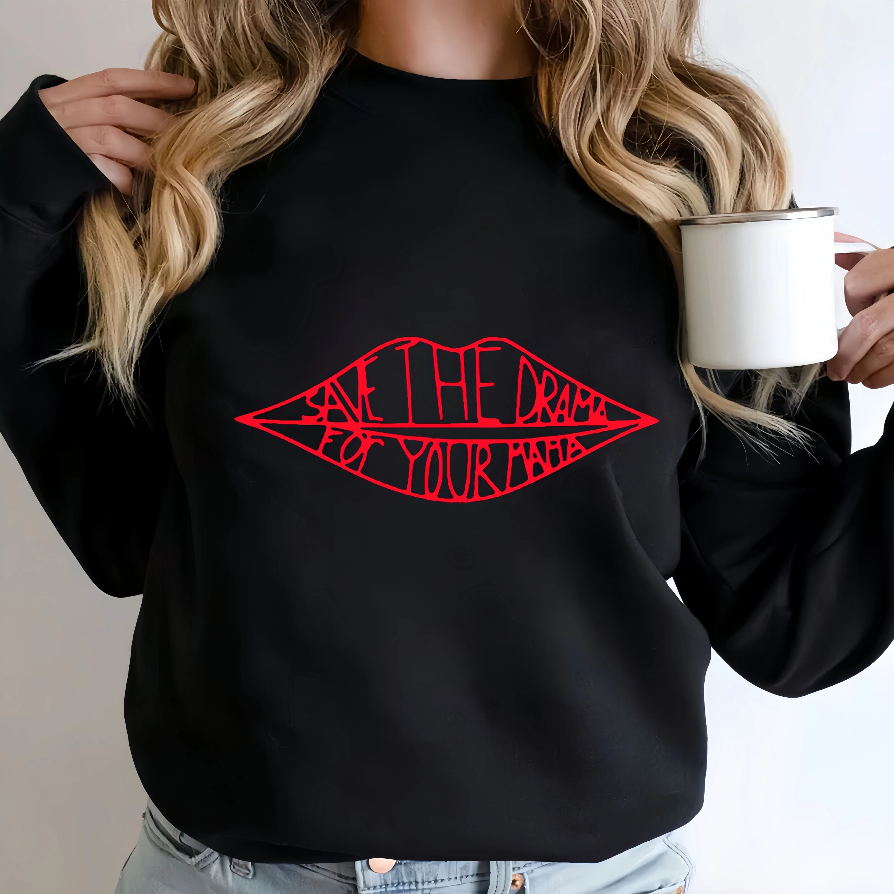 Fashion Vintage Red Lip Letter Print Sweatshirt Women  Cozy Casual Long Sleeve Crewneck Pullover Thin Spring