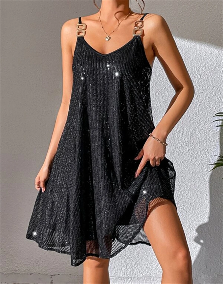 

Black Sequins Flowy Hem Dress for Women Summer Fashion Spaghetti Straps V Neck Loose A-Line Sundress for Beach Holiday