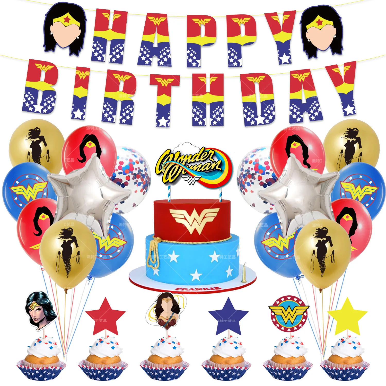 thumbnail image 1 of Decoración para fiesta de cumpleaños infantil con globos y temática de superhéroes, pancarta de Mujer Maravilla, juego de tarjetas para pastel, globos para baby shower, suministros para eventos y fies, 1 of 5