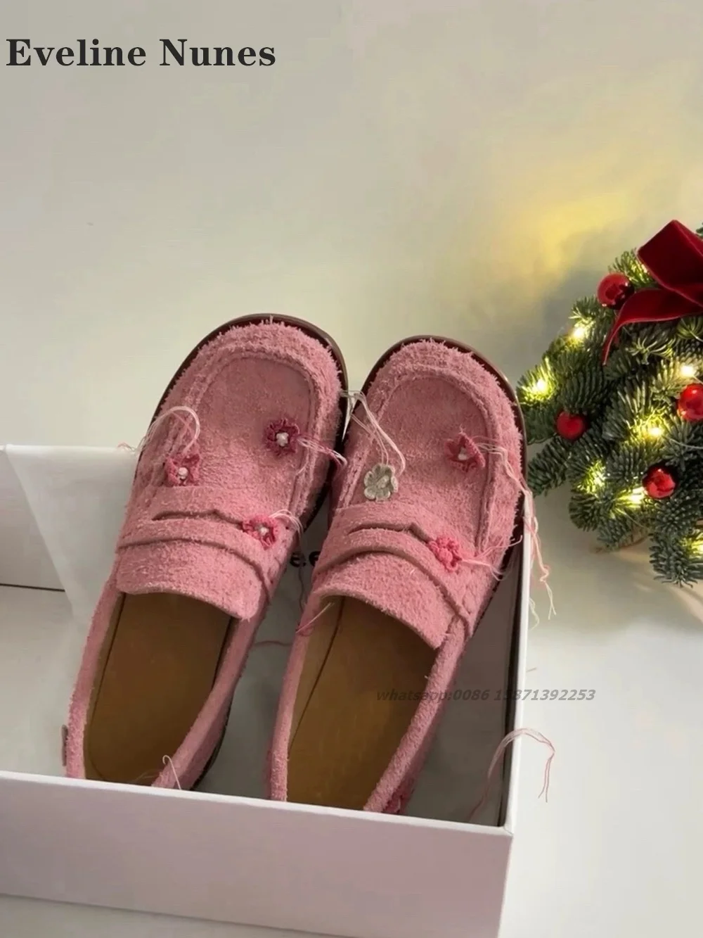

Flower Shallow Slip On Pumps Round Toe Square Heel Pink Fringe Loafers Patchwork Solid Sweet Casual Shoes Woman 2024 Trend Nifty