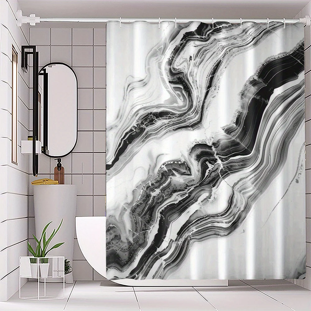 4pcs Black and White Texture Digital Print Polyester Waterproof Shower Curtain Set without Punching for Bathroom Separation 4