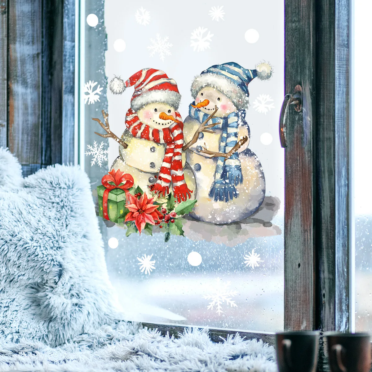 30*30cm Cartoon Couple Snowman Window Sticker Double Sided Visual Glass Sticker Christmas Valentine\'s Day Wall Sticker Ct6049