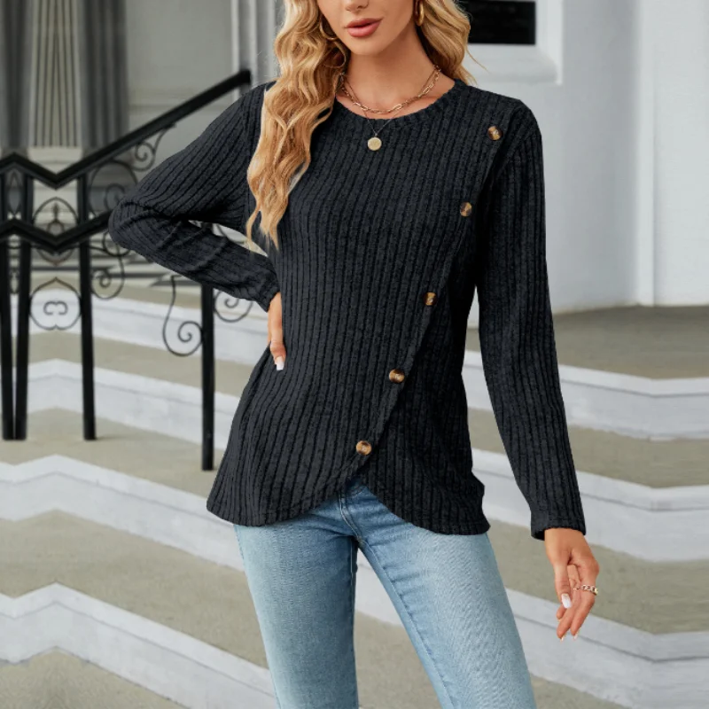 Women\'s Clothing 2023 Autumn Winter New Fashion Versatile Splice Buttons Round Neck Long Sleeve Solid Color Pullover Sweater