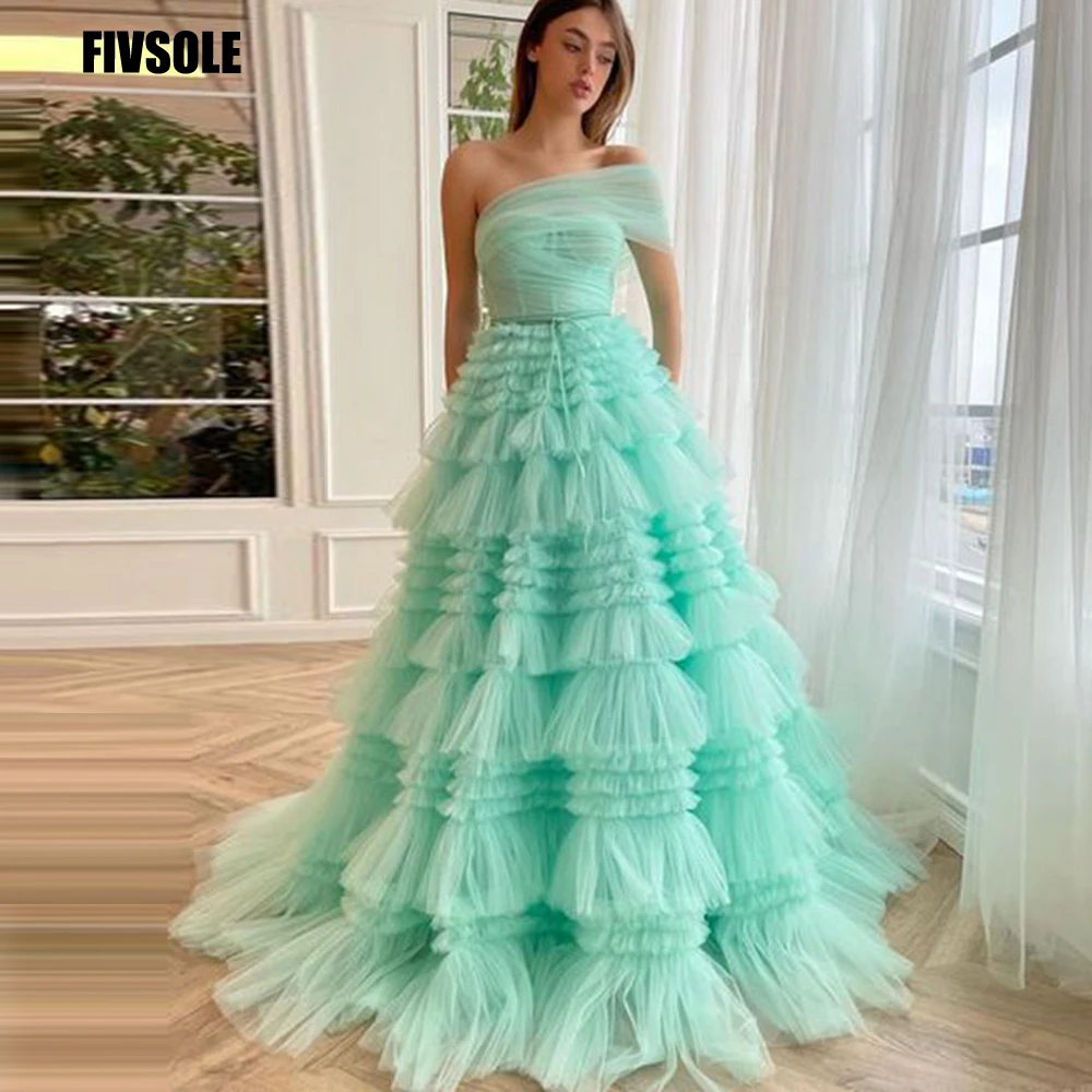 Sleeveless One Shoulder Tulle Pleated Dress Pool