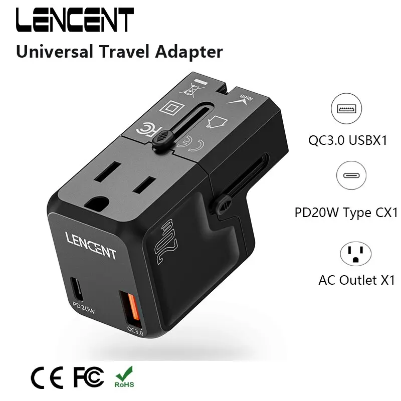 Universal Travel Adapter 1 AC Outlet 1 USB QC 3.0 Port PD 20W Fast Charger For US EU UK AUS Plug Adapter Power Adapter Power Plug Adapter Plug Converter