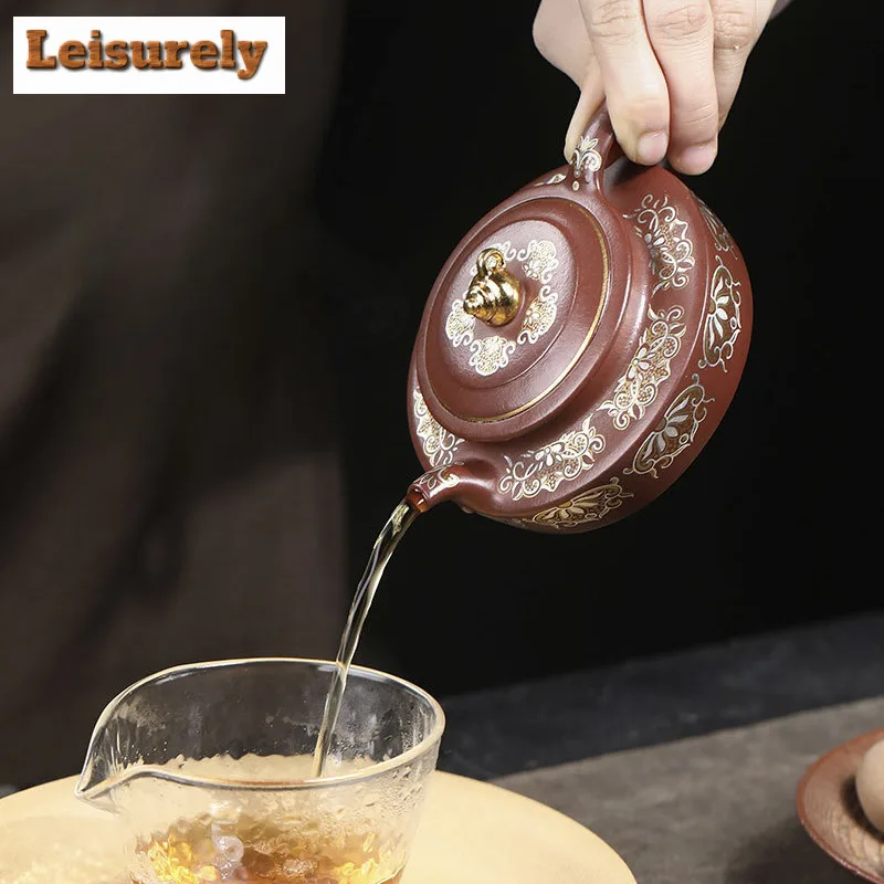200ml Yixing Purple Clay Teapots Handmade Gold Drawing Huating Pot Raw Ore Red Leather Dragon Mud Kettle With Strainer Zisha Tea