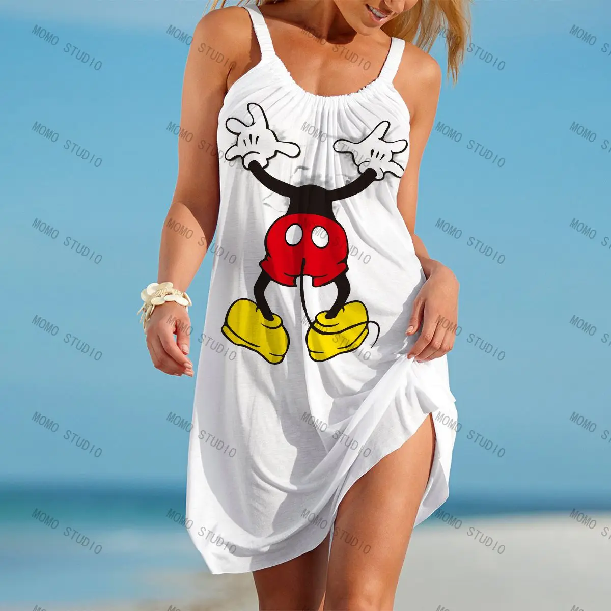 Женское летнее платье без рукавов, с круглым вырезом и принтом Микки/Минни