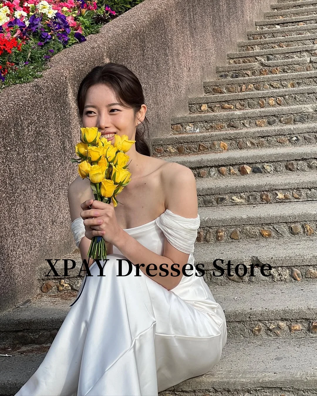 XPAY Elegant Off Shoulder Wedding Receipt Dresses Korea Photo shoot Silk Satin Floor Bridal Gowns Corset Back Simple Customized 2