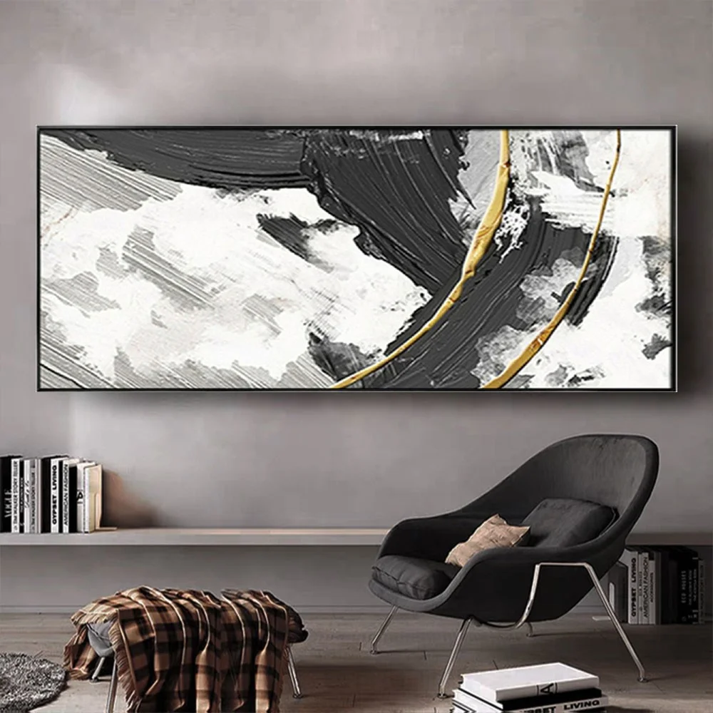 100% Handmade Modern Abstract Black Gold Line Oil Painting On Canvas Panel Wall Art Picture Decor Living Room Pendant Mural Gift
