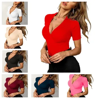 Women's 2025 new temperament elegant summer intellectual wind temperament knitted pullover V collar Slim short-sleeved T-shirt 1