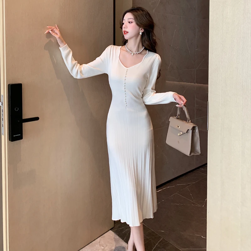 

French Fashion 2023 New Autumn Winter Knit Long Dress Women Casual Sexy V-Neck Slim Sweater Dresses Robe Office Lady Clothing