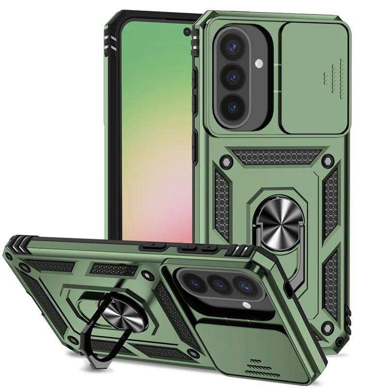 Slide Lens Camera Armor Phone Case with Car Magnetic Ring Holder and Back Cover