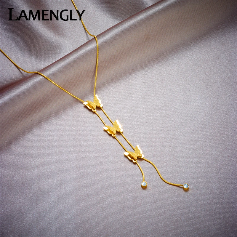 

LAMENGLY 316L Stainless Steel Butterfly Tassels Long Pendant Necklace For Women Girl New Trend Choker Chain Jewelry Gift Party