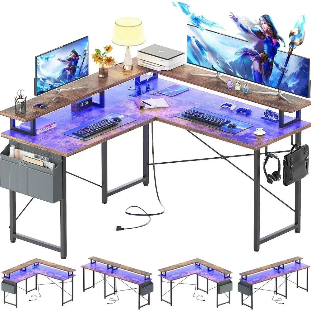 

L Shaped Computer Desk With Power Outlets Small Spaces Room Desk to Study 47'' Home Office Rustic Table Reading Desks Gamer