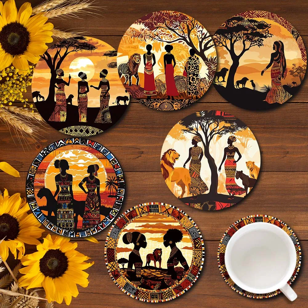 6 Pack African Tribal Style Wooden Coaster with Cork Mat 2D Printing African Savannah Sunset with Lioness Silhouette Art