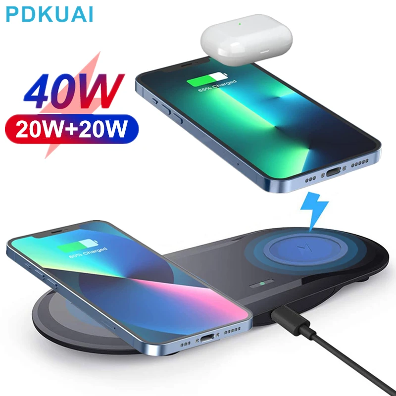 Caricabatterie Wireless Veloce 2 In 1 Da 40W 2 In 1 Per Iphone 11 12 13 14X8 Xs Xr Airpods 3 Pro Dual 20W Stazione Di Ricarica Per Samsung