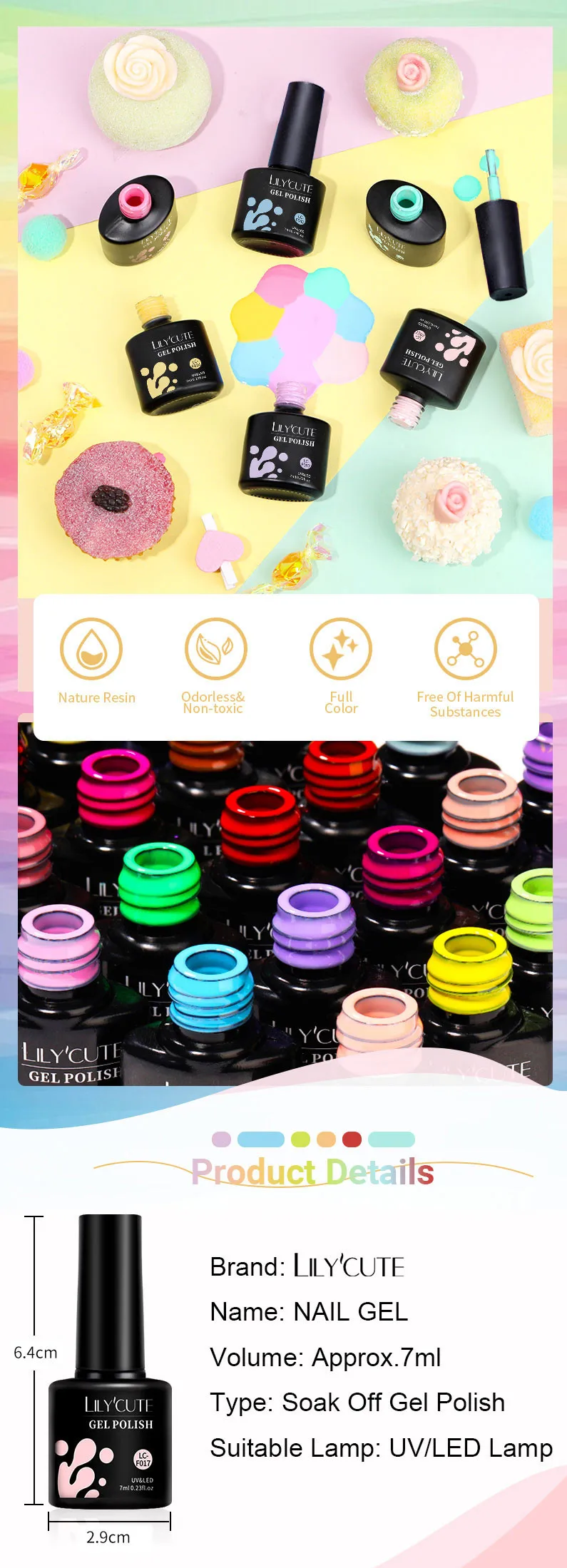 Description Picture 2 of itemLILYCUTE 6Pcs/Set 7ml Macaron Series Gel Nail Polish Glitter Semi Permanent UV LED Nail Art Gel Vernis Base Top Coat