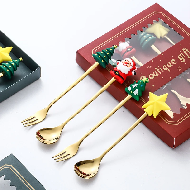 

4Pcs/Set New Year Christmas Spoon Fork Dessert Cutlery Gift Box Stainless Steel Xmas Gifts Navidad Tableware Decor Kids Gifts