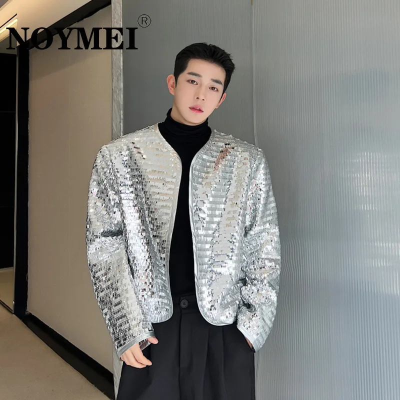 

NOYMEI Korean Nightclub Jacket Sliver Sequins Men's Stage Show Fashionable Collarless 2024 Autumn Short Coat Temperament WA33178