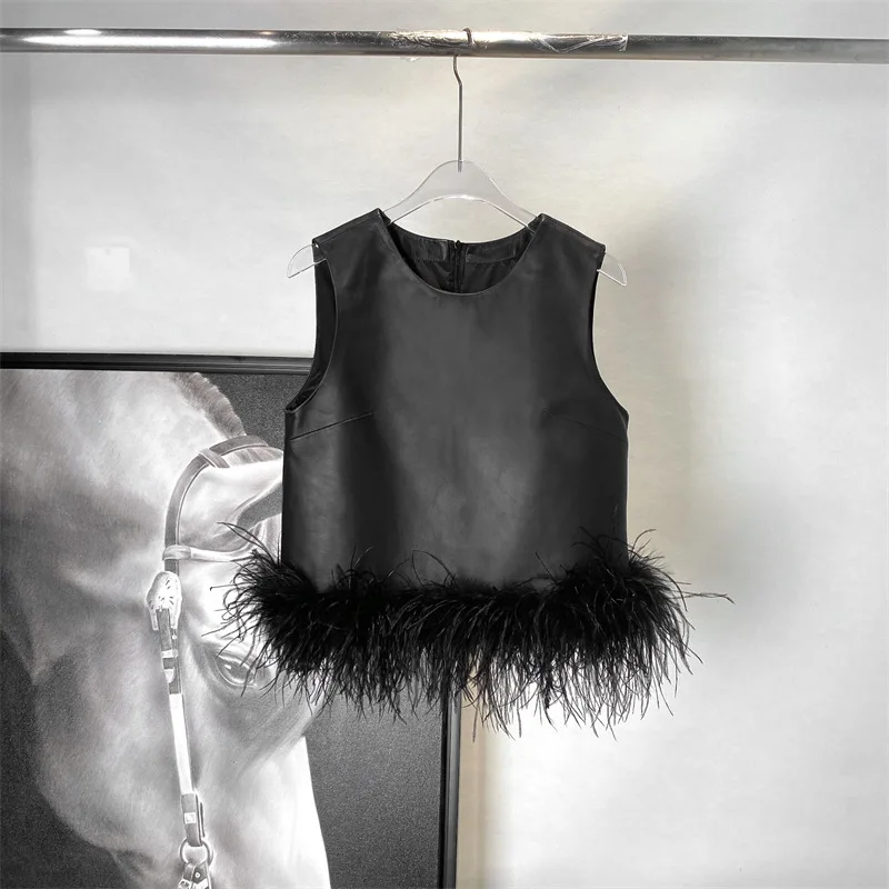 цена 2023 Women New Fashion Genuine Ostrich Fur Spliced Vest Real Sheepskin Leather Set E15