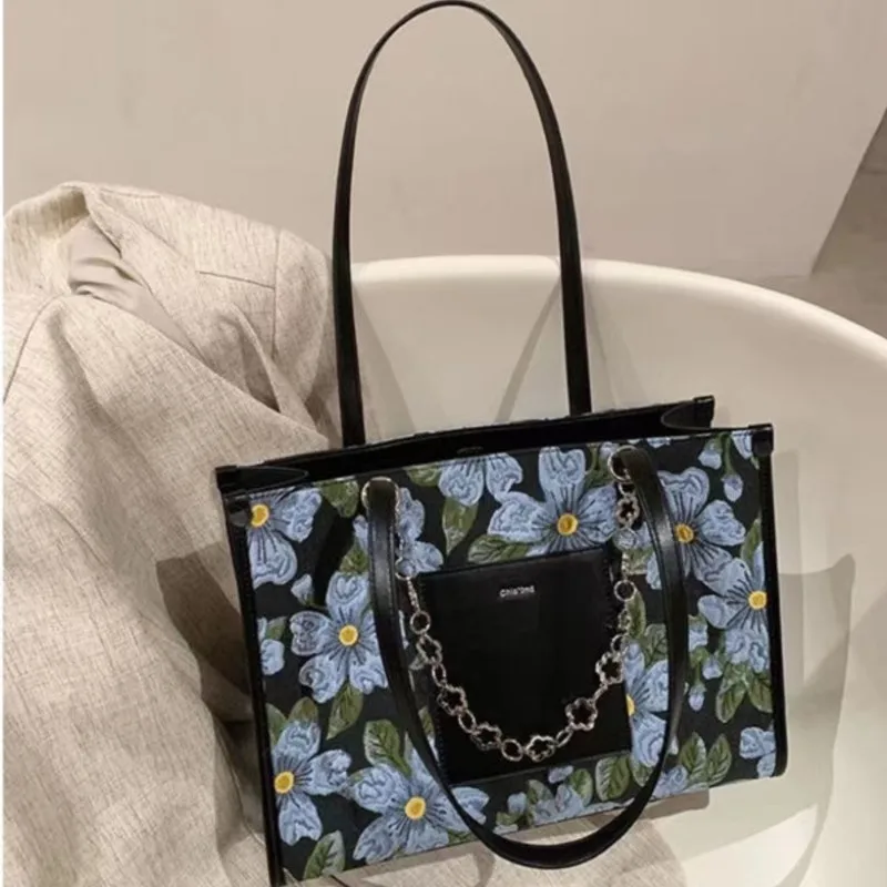 Retro Floral Print Chain Tote Bag Women Leather Square Patchwork Large Capacity Shoulder Bag Ladies Elegant Premium Handbag 2025