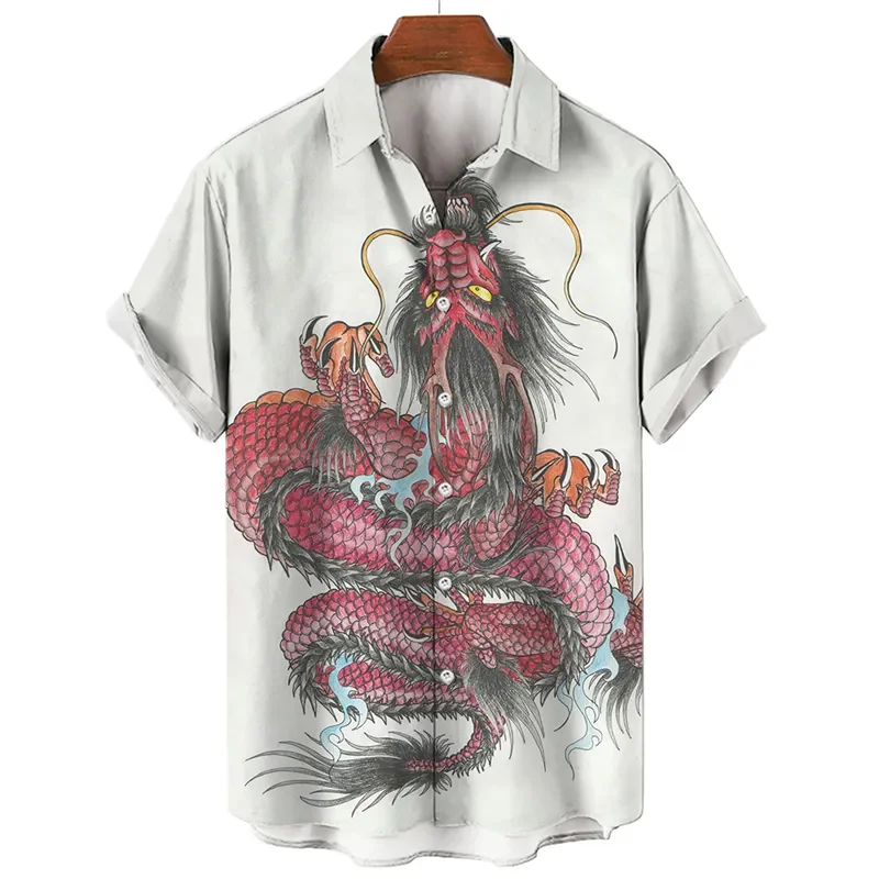 

Summer Men's Social Casual Vintage Floral Hawaiian Oversize Short Sleeve Shirt Street Luxury Dragon Pattern Element Clothing Hot