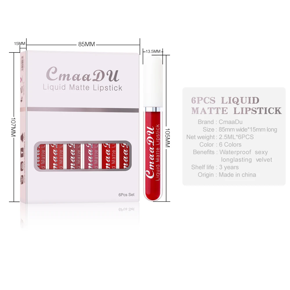 CmaaDu 6 Sticks Long lasting waterproof moisturizing non-stick cup mouth red matte lip gloss 2
