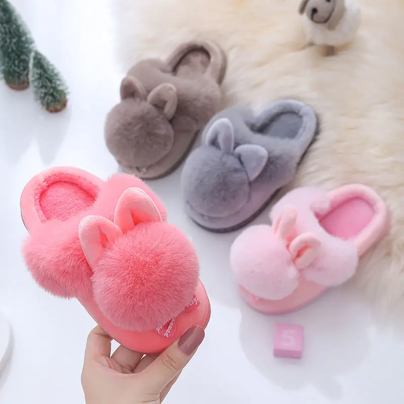 Cute Ears Children's Cotton Slippers Cartoon Non-slip Home Autumn and Winter Cotton Shoes To Keep Warm Furry Slippers Boys Shoes baby knitted hat scarf set autumn winter keep warm thicken cap for girls boys cute cartoon penguin caps beanies scarf baby stuff