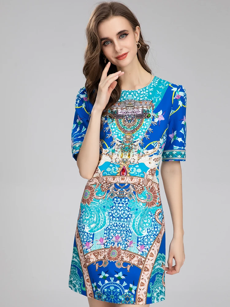 

MoaaYina Fashion Designer dress Summer Women's Dress Short sleeve Luxurious Crystal Beads Flower Print Loose Blue Dresses