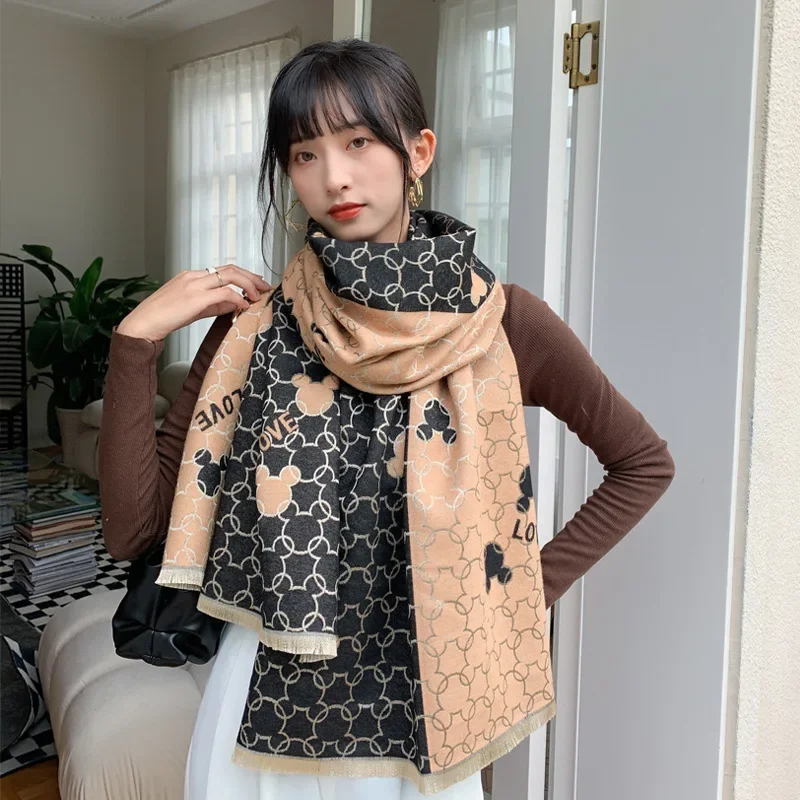 

Disney Mickey Women Scarf Cashmere Pashmina Shawls Tassel Hijab Head Wraps Femme Autumn Winter Scarves Bandana 2023 Designer